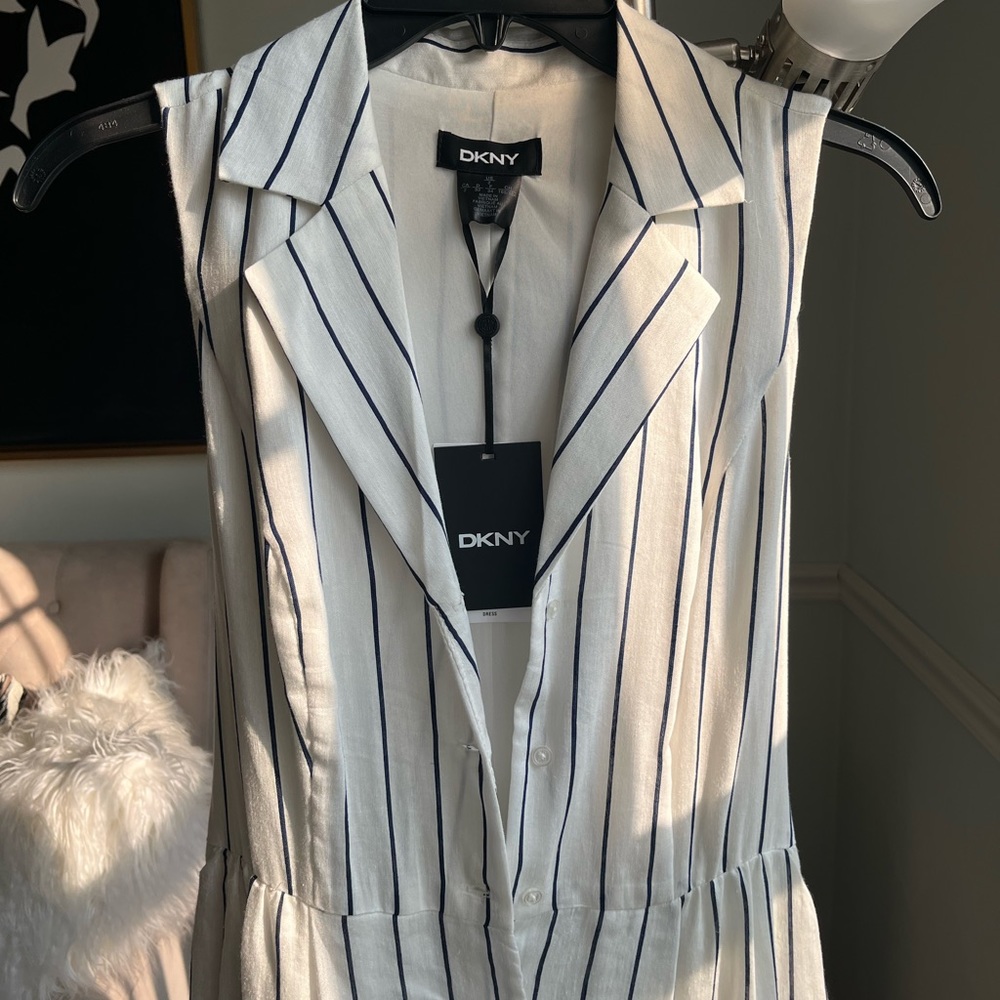 DKNY Womens White Belted Button Closures Striped Sleeveless  Midi Shirt Dress - Picture 8 of 11